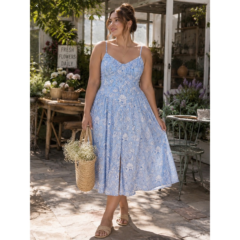 Roller Rabbit Midi Dress Medium Blue White Floral Smocked Button Front NWT